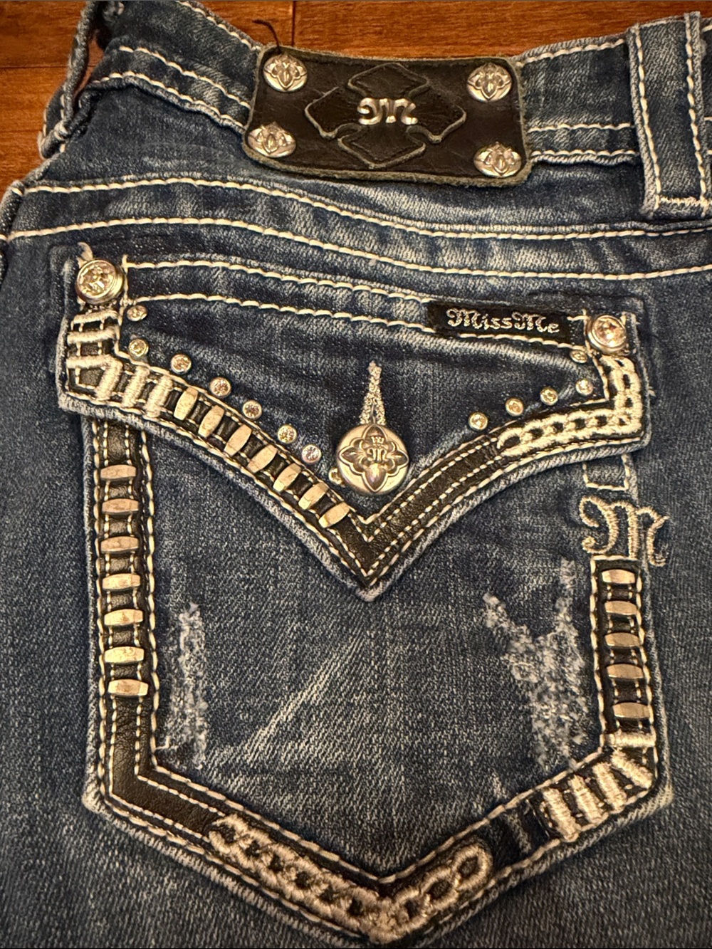 Miss Me Dark Blue Denim Boot Cut Jeans with Embellished Pocket